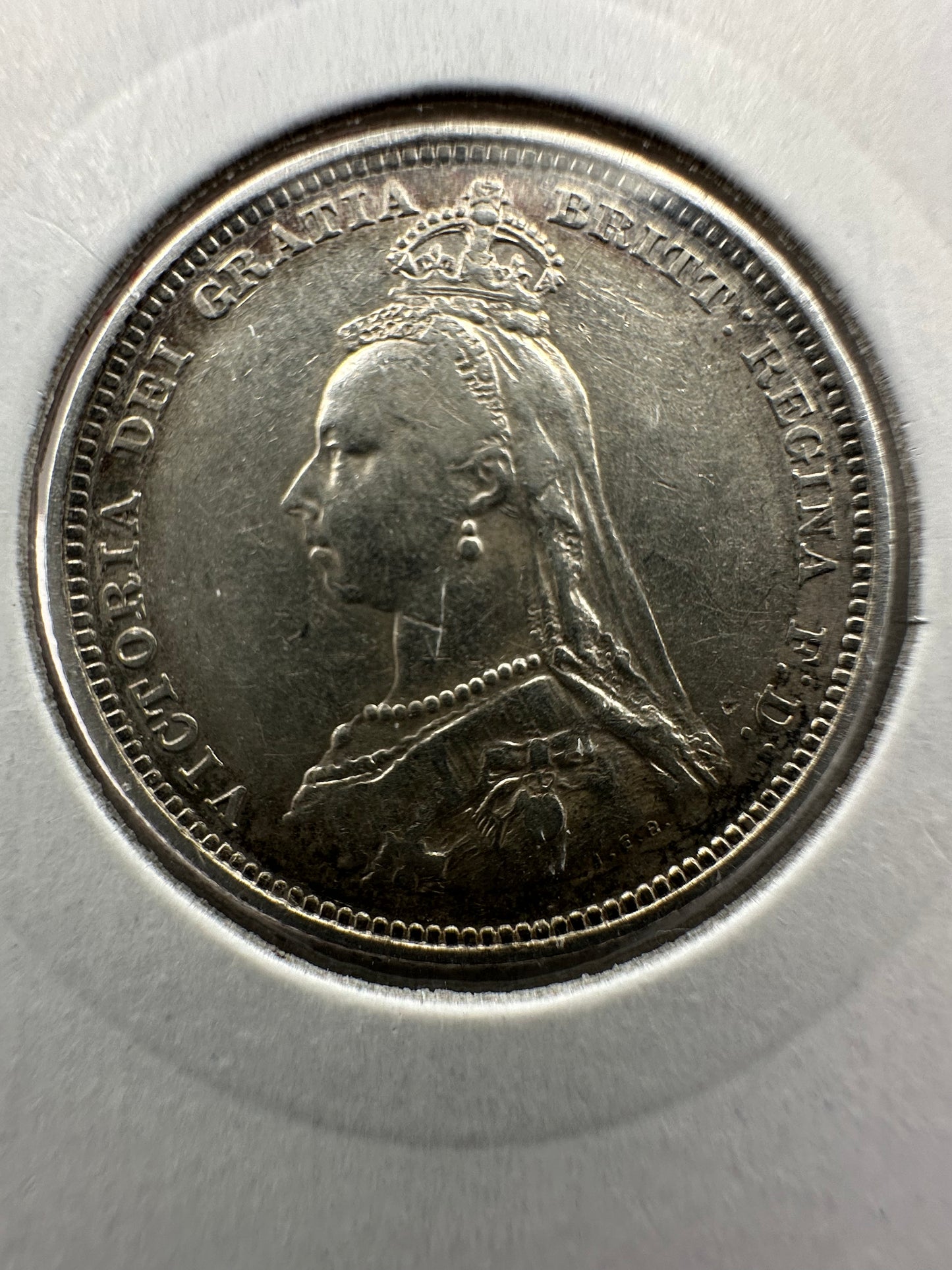 1887 Great Britain UK Queen Victoria Sixpence, Jubilee issue, JEB on truncation, extremely rare - .925 Silver