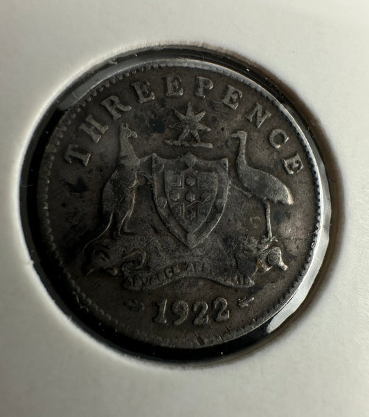 1922 Australia King George V Threepence Silver Coin