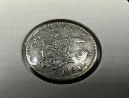 1934 Australia King George V Threepence Silver Coin