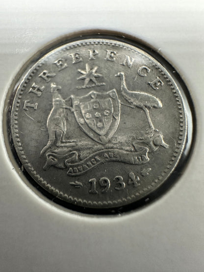 1934 Australia King George V Threepence Silver Coin