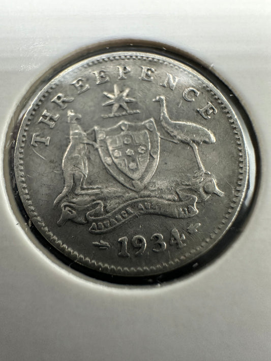 1934 Australia King George V Threepence Silver Coin