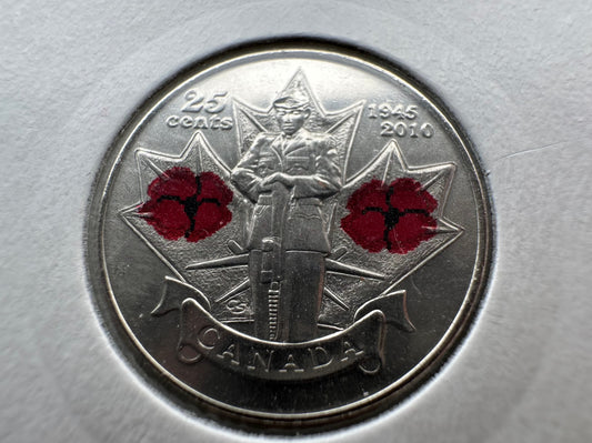 2010 Canadian 25 cent Poppy WWII 65th Anniversary Coloured Quarter Coin