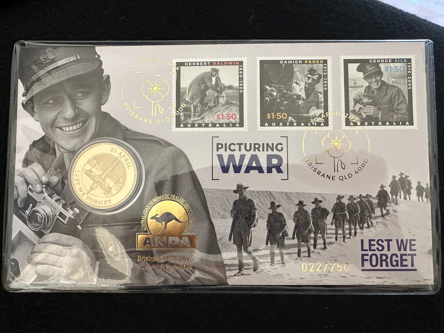 2024 Brisbane ANDA Overprint Lest We Forget - Picturing War PNC with Perth Mint $1