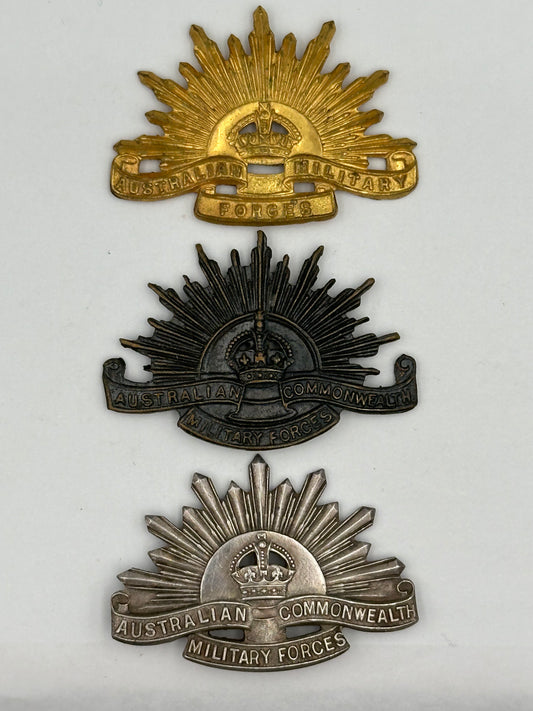 Australian Commonwealth Military Forces Rising Sun Hat Badge set of 3