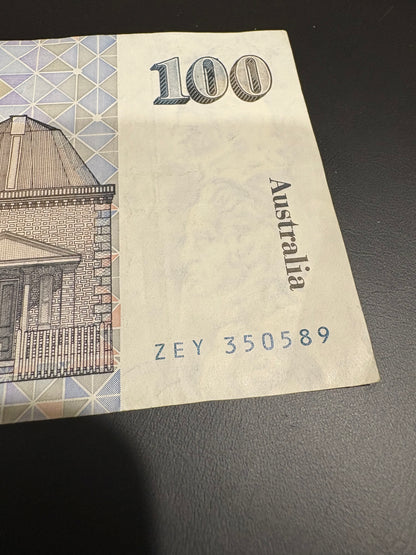 1990 $100 Circulated “Grey Nurse” Australian Paper note - ZEY 350589
