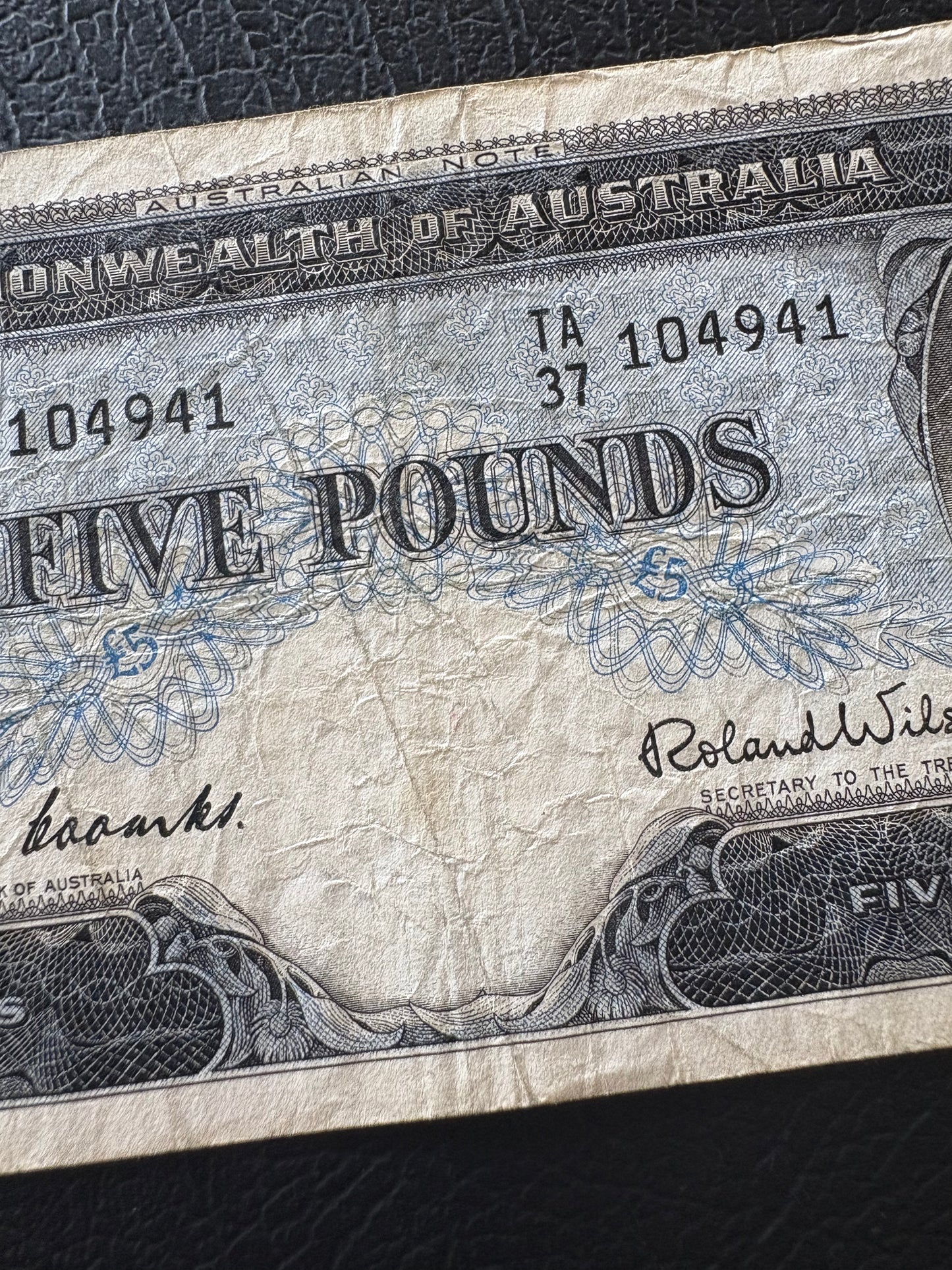 1954 Australian Five Pound Banknote - Coombs Wilson TA37 104941