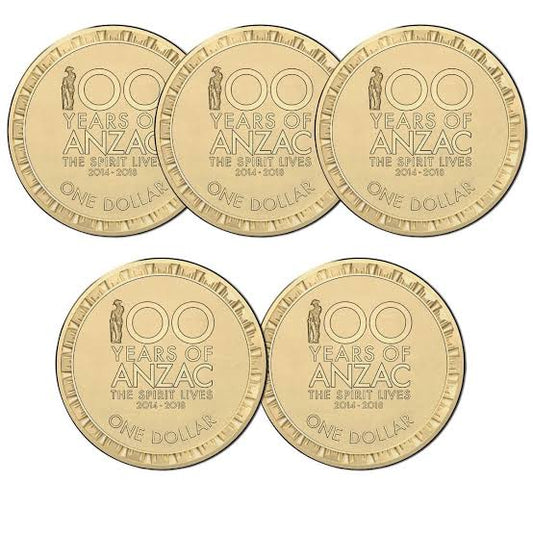 2014 - 2018 The Spirit Lives 100 Years of ANZAC One Dollar ($1) Australian Decimal Mint Rolls Set