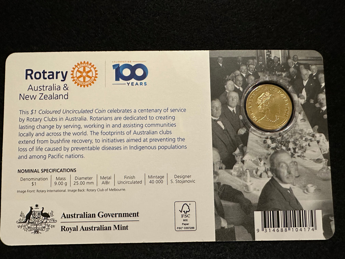 2021 $1 Centenary Of Rotary Australia coin on card Uncirculated