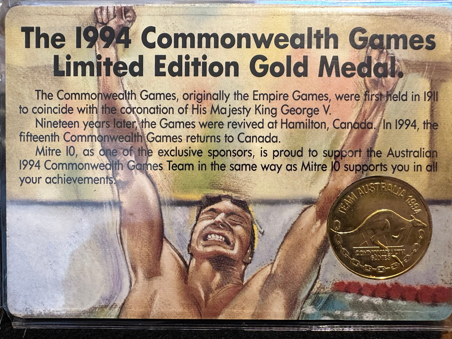 1994 Australia Mitre Ten Commonwealth Games limited edition carded Gold Medallion