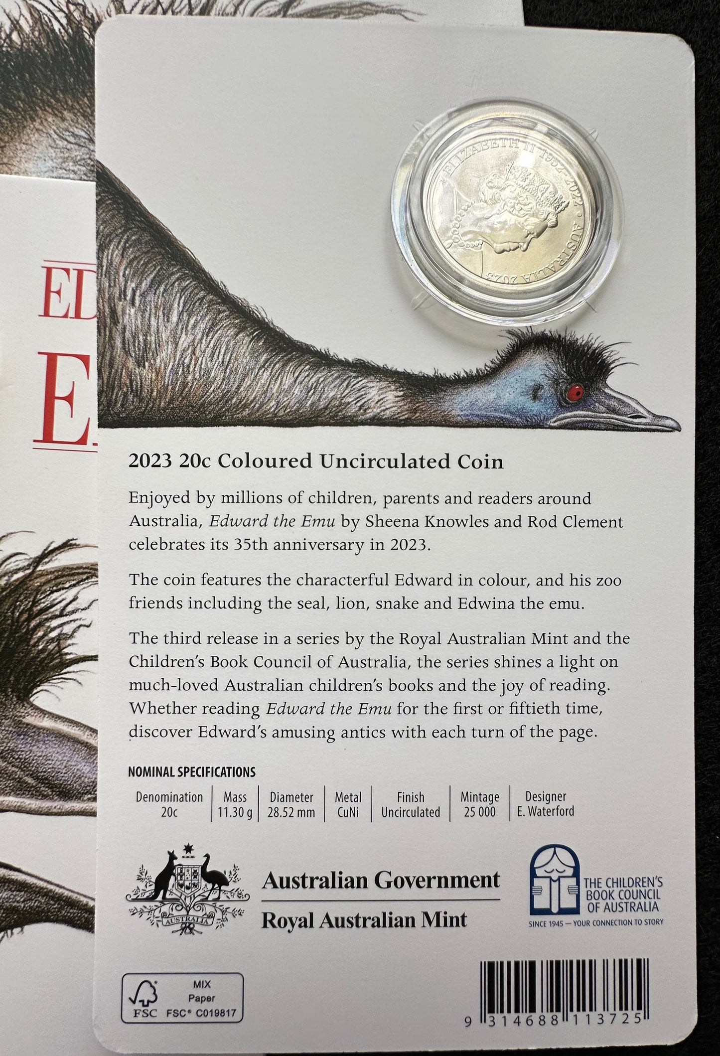 2023 20c CuNi Coloured Uncirculated Coin (Coin in Card) – 35th Anniversary of Edward the Emu