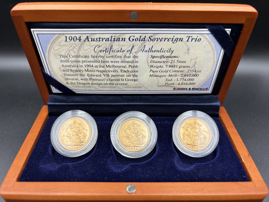 1904 George V Gold Sovereign M, P, & S Trio - Downies and Sherwood