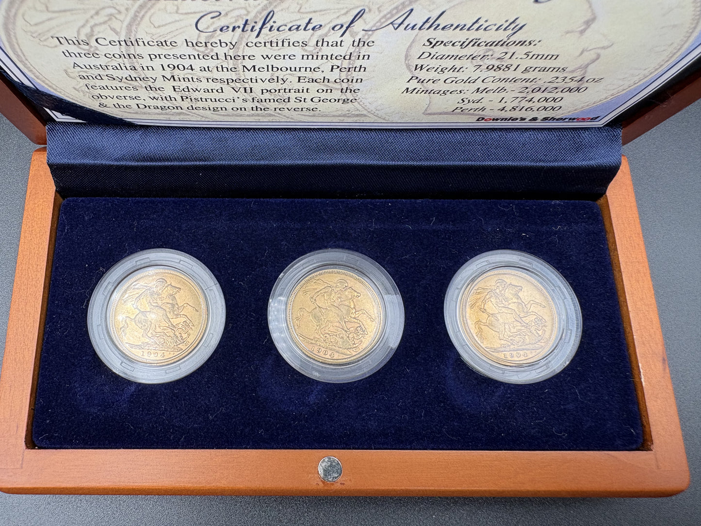 1904 George V Gold Sovereign M, P, & S Trio - Downies and Sherwood