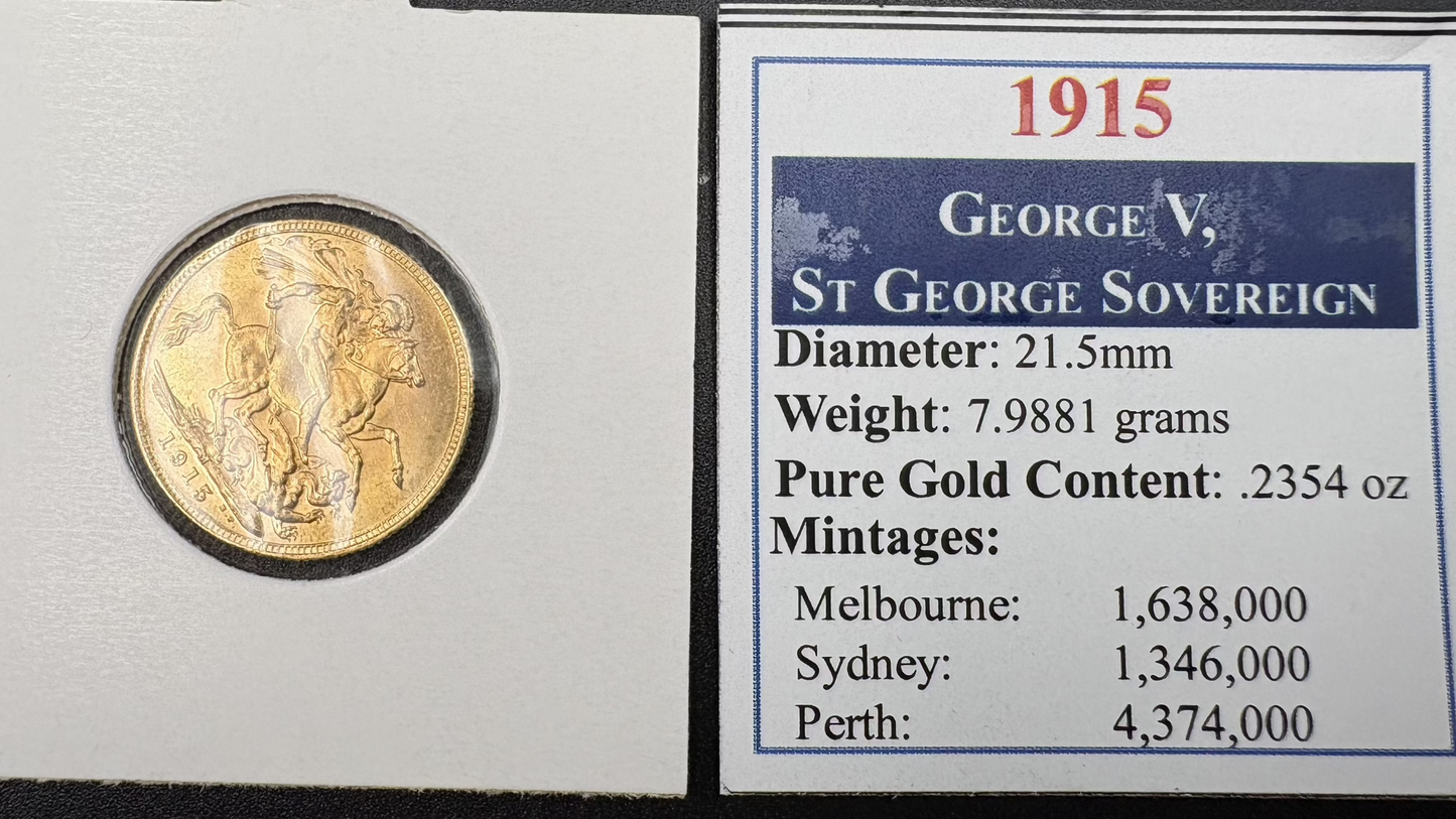 1915 Australian Full Gold Sovereign Melbourne Mintmark