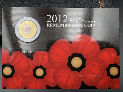 2012 Remembrance Day Red Poppy $2 Coin in Downies Card