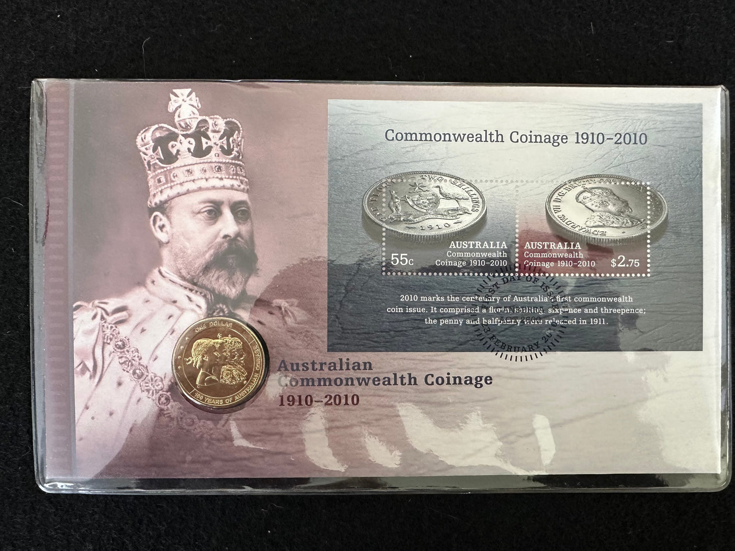 2010 $1 Coin PNC "Australian Commonwealth Coinage 1910-2010"-Stamped 23 Feb 2010