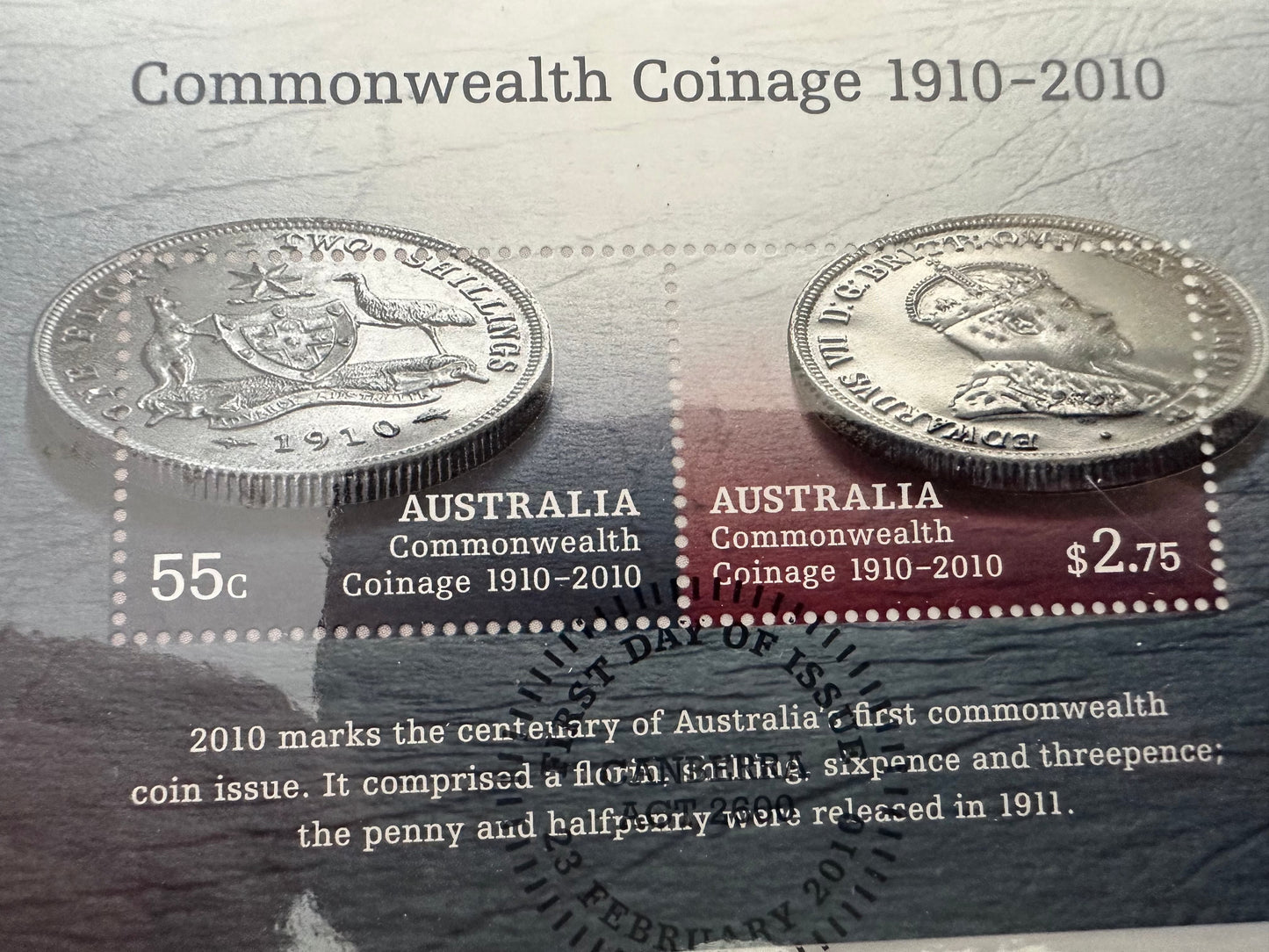 2010 $1 Coin PNC "Australian Commonwealth Coinage 1910-2010"-Stamped 23 Feb 2010