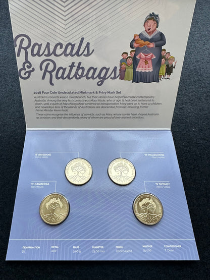 2018 Rascals & Ratbags Australia’s Convict Era 1788-1868 Four Coin $1 Mintmark & Privy Mark set