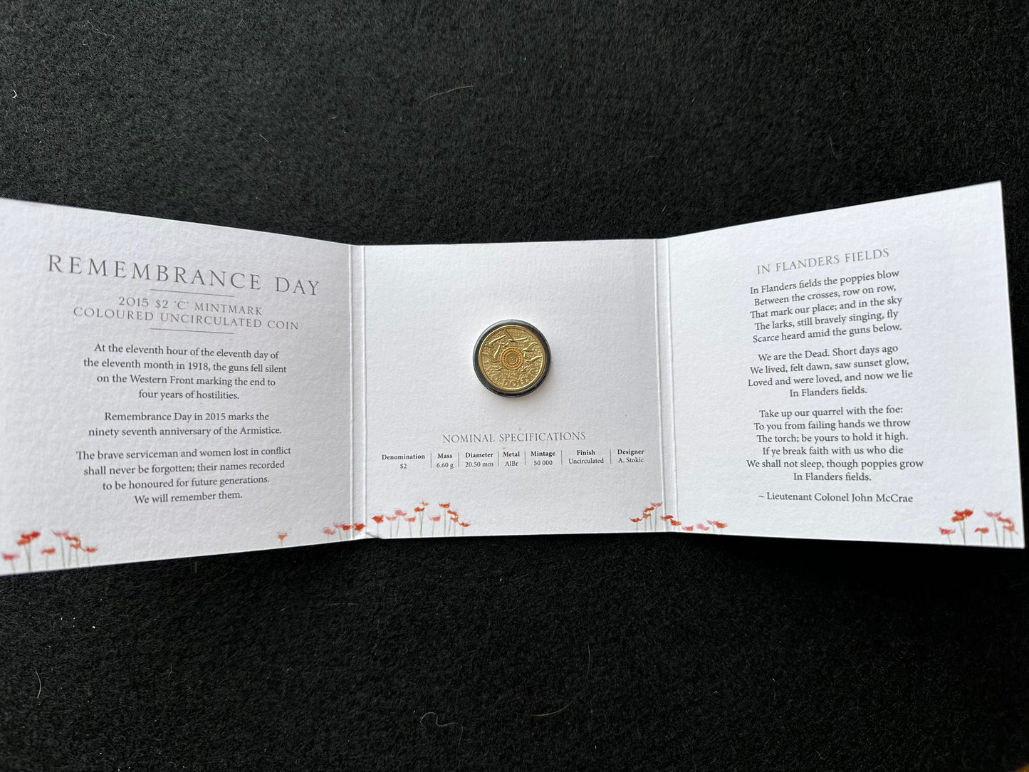 2015 ‘C’ Mintmark Remembrance Orange Flanders Field Uncirculated Coin in Folder