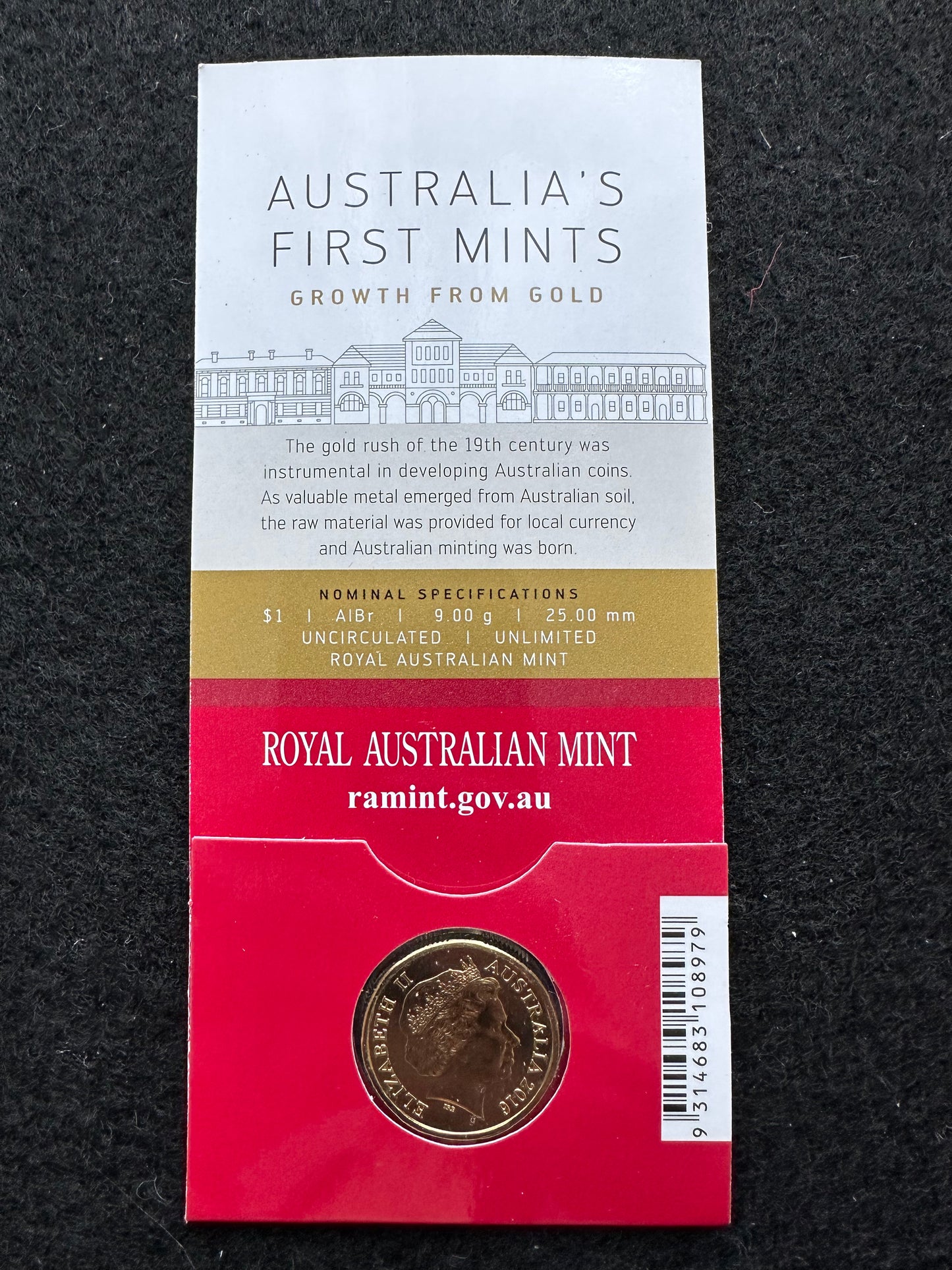 2016 Australia’s First Mints Growth from Gold $1 coin on card Sydney Counterstamp