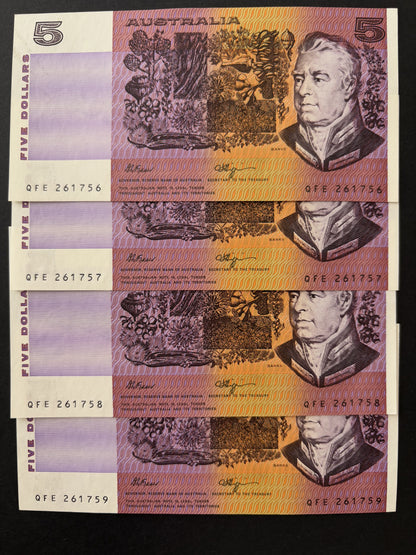 1990 $5 Uncirculated Paper Banknotes - Fraser Higgins - Consecutive Run x4