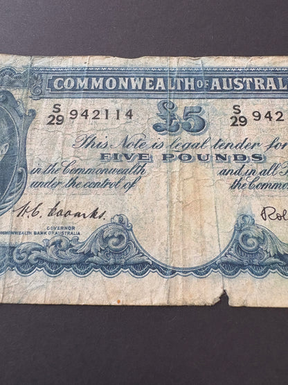 1952 Australian Five Pound Banknote - Coombs Wilson S29 942114