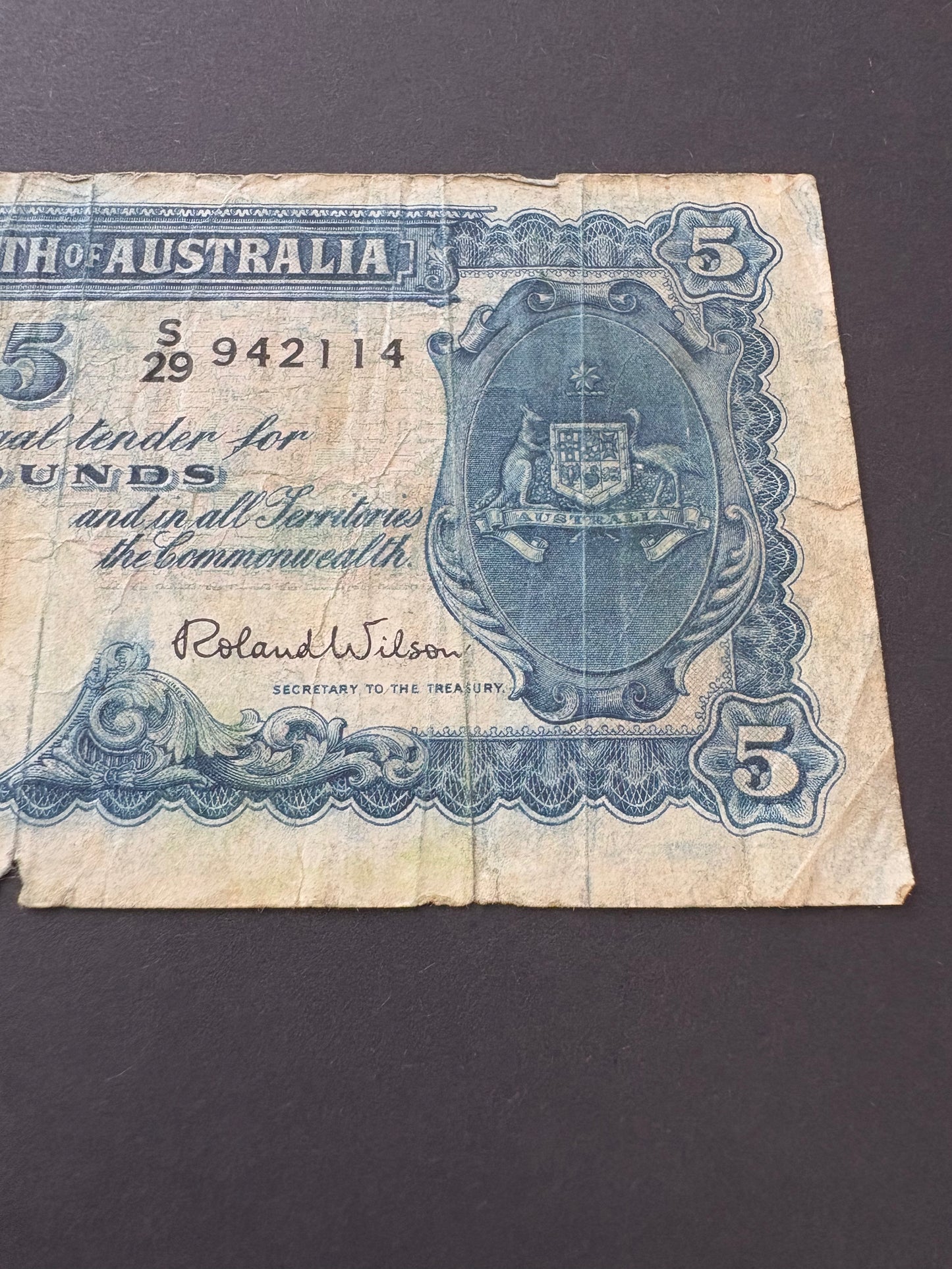 1952 Australian Five Pound Banknote - Coombs Wilson S29 942114