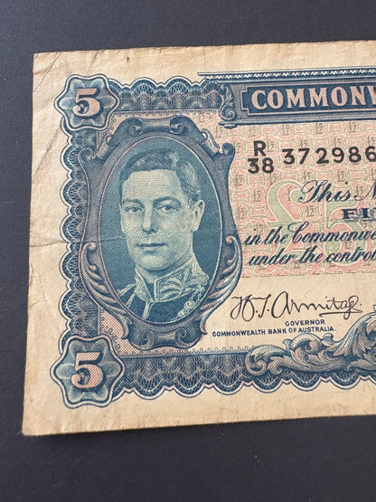 1941 Australian Five Pound Banknote - Armitage McFarlane - R38 372986