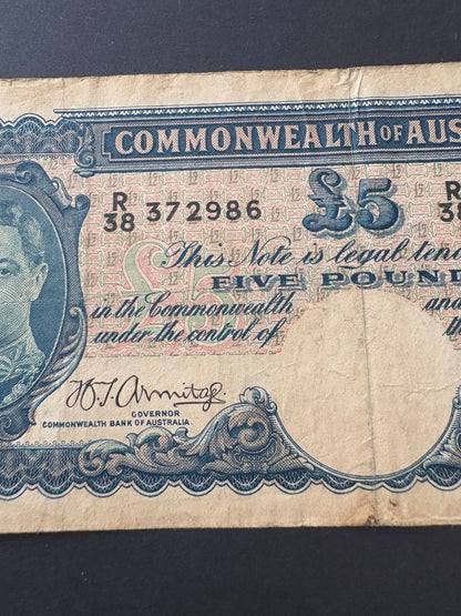 1941 Australian Five Pound Banknote - Armitage McFarlane - R38 372986