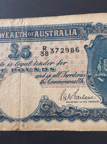 1941 Australian Five Pound Banknote - Armitage McFarlane - R38 372986