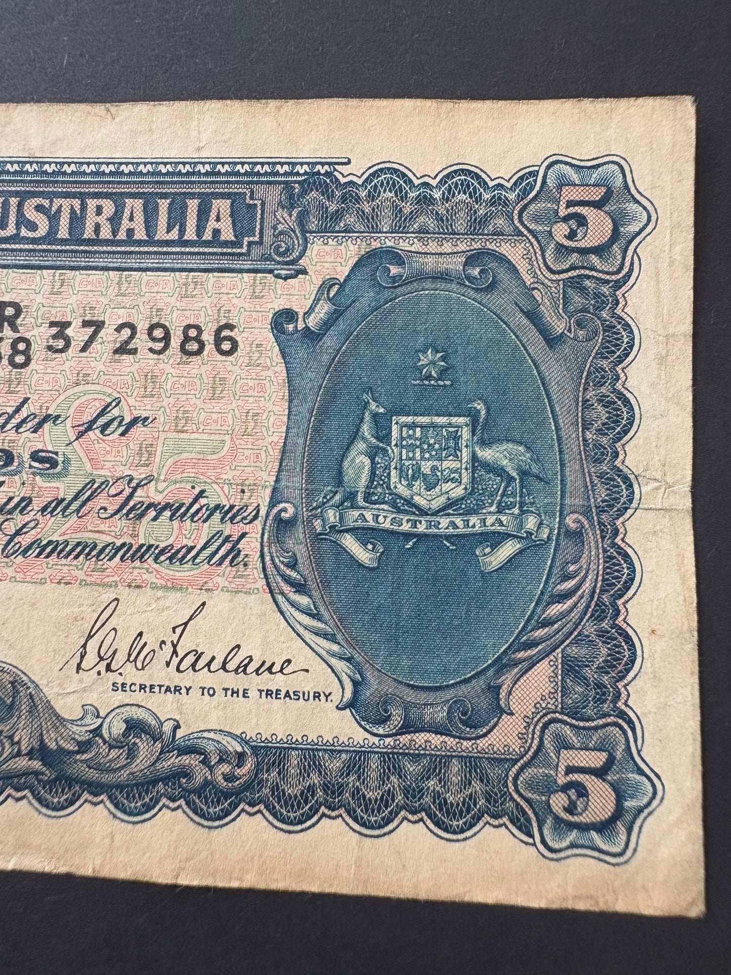 1941 Australian Five Pound Banknote - Armitage McFarlane - R38 372986