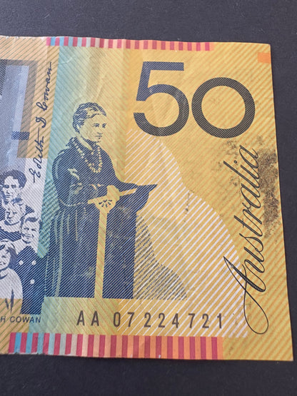 2007 $50 Polymer Note - First Prefix AA 07224721