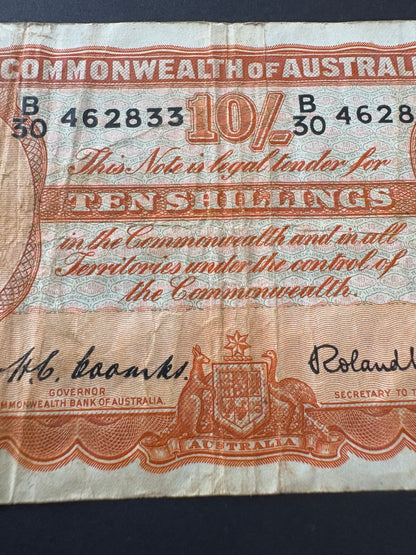 1952 Australian Ten Shillings Note - Coombs / Wilson - B30 462833