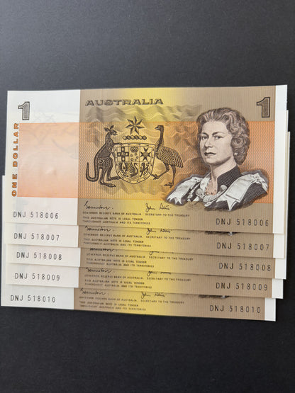 1982 $1 Australia Paper Banknote - Johnston Stone - Consecutive Run x5 notes