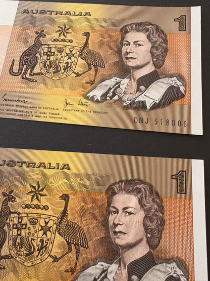 1982 $1 Australia Paper Banknote - Johnston Stone - Consecutive Run x5 notes