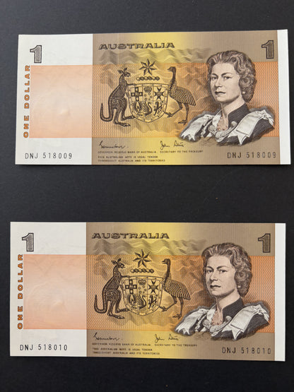 1982 $1 Australia Paper Banknote - Johnston Stone - Consecutive Run x5 notes