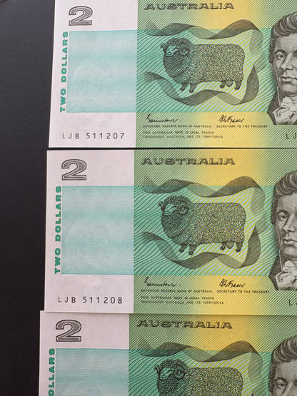 1985 $2 Australia Paper Banknote - Johnston Fraser 4x Consecutive