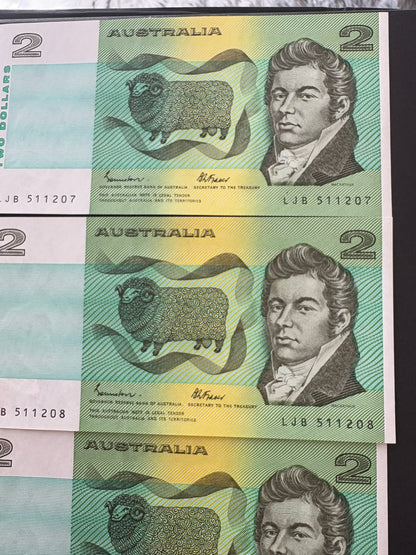 1985 $2 Australia Paper Banknote - Johnston Fraser 4x Consecutive