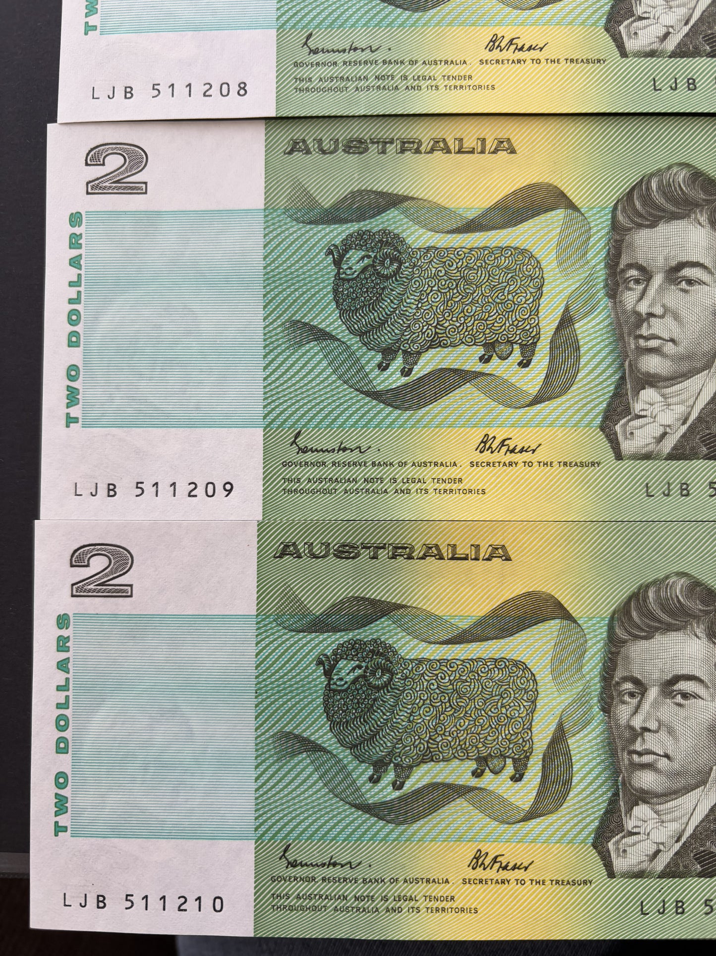 1985 $2 Australia Paper Banknote - Johnston Fraser 4x Consecutive