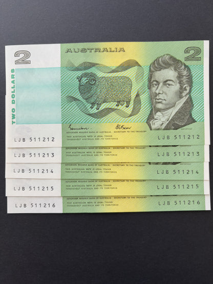 1985 $2 Australia Paper Banknote - Johnston Fraser 5x Consecutive