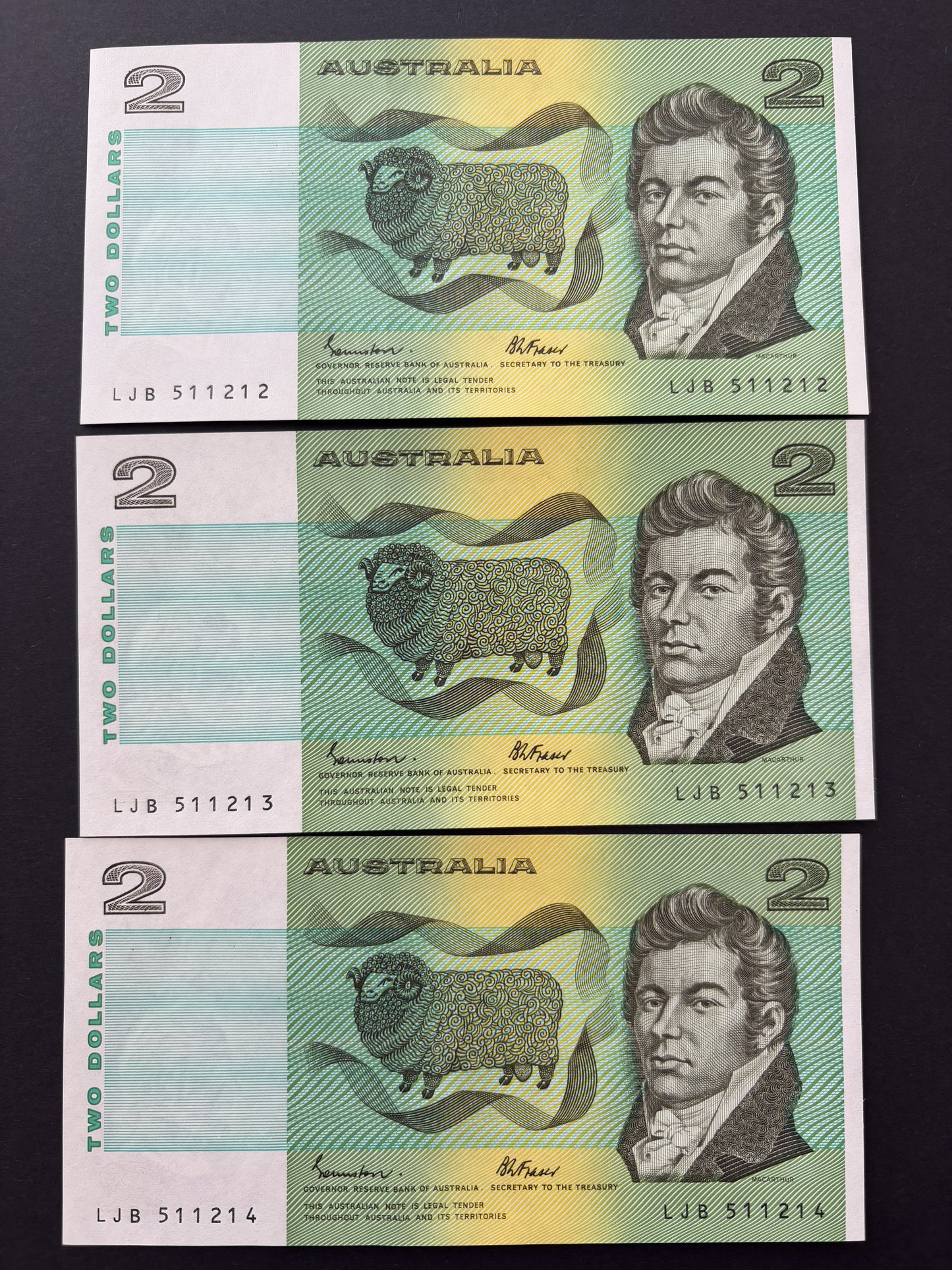 1985 $2 Australia Paper Banknote - Johnston Fraser 5x Consecutive