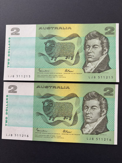 1985 $2 Australia Paper Banknote - Johnston Fraser 5x Consecutive