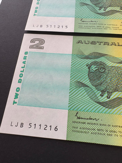 1985 $2 Australia Paper Banknote - Johnston Fraser 5x Consecutive