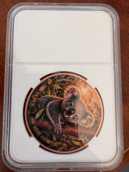 1oz .999 Fine Copper Koala Coloured Round – Animal Collector Series – Slabbed