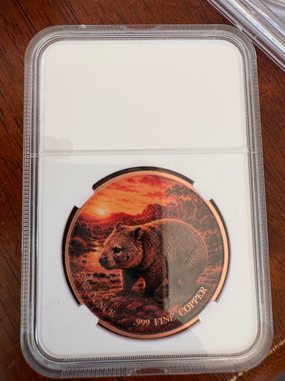 1oz .999 Fine Copper Wombat Coloured Round – Animal Collector Series – Slabbed