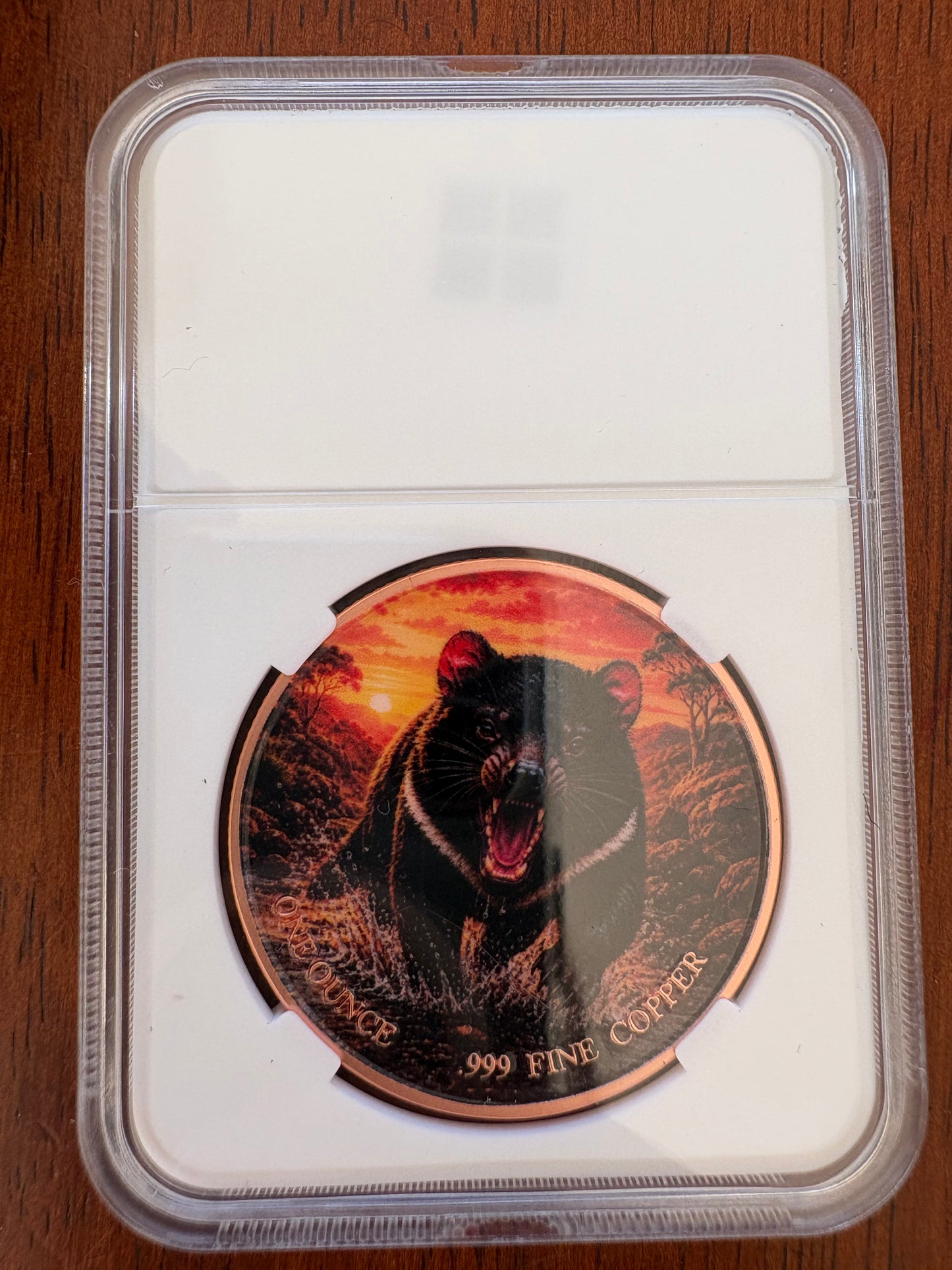 1oz .999 Fine Copper Tasmanian Devil Coloured Round – Animal Collector Series – Slabbed