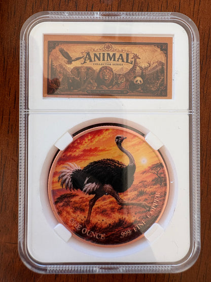 1oz .999 Fine Copper Ostrich Coloured Round – Animal Collector Series – Slabbed