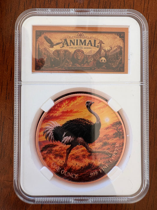 1oz .999 Fine Copper Ostrich Coloured Round – Animal Collector Series – Slabbed