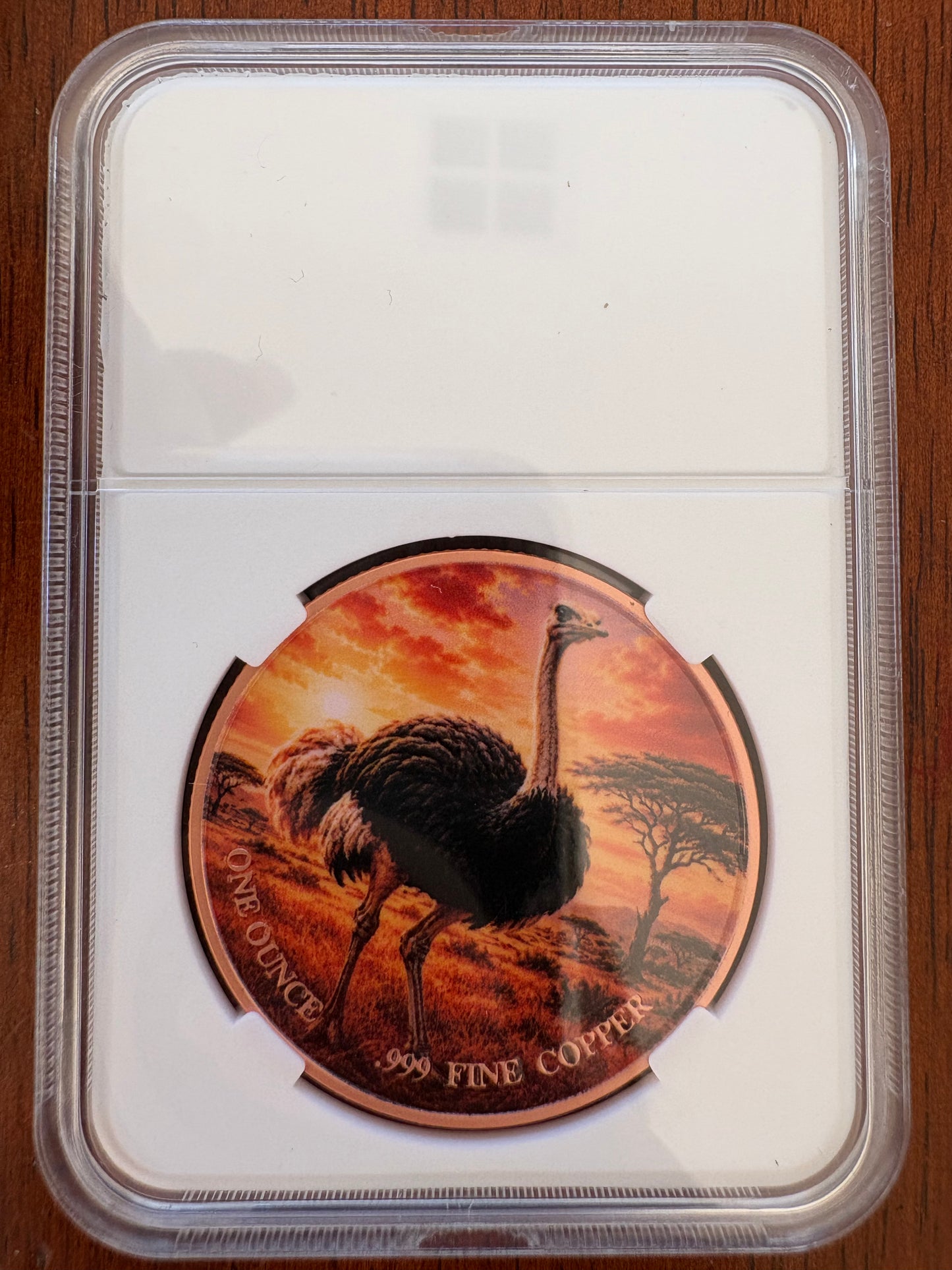 1oz .999 Fine Copper Ostrich Coloured Round – Animal Collector Series – Slabbed
