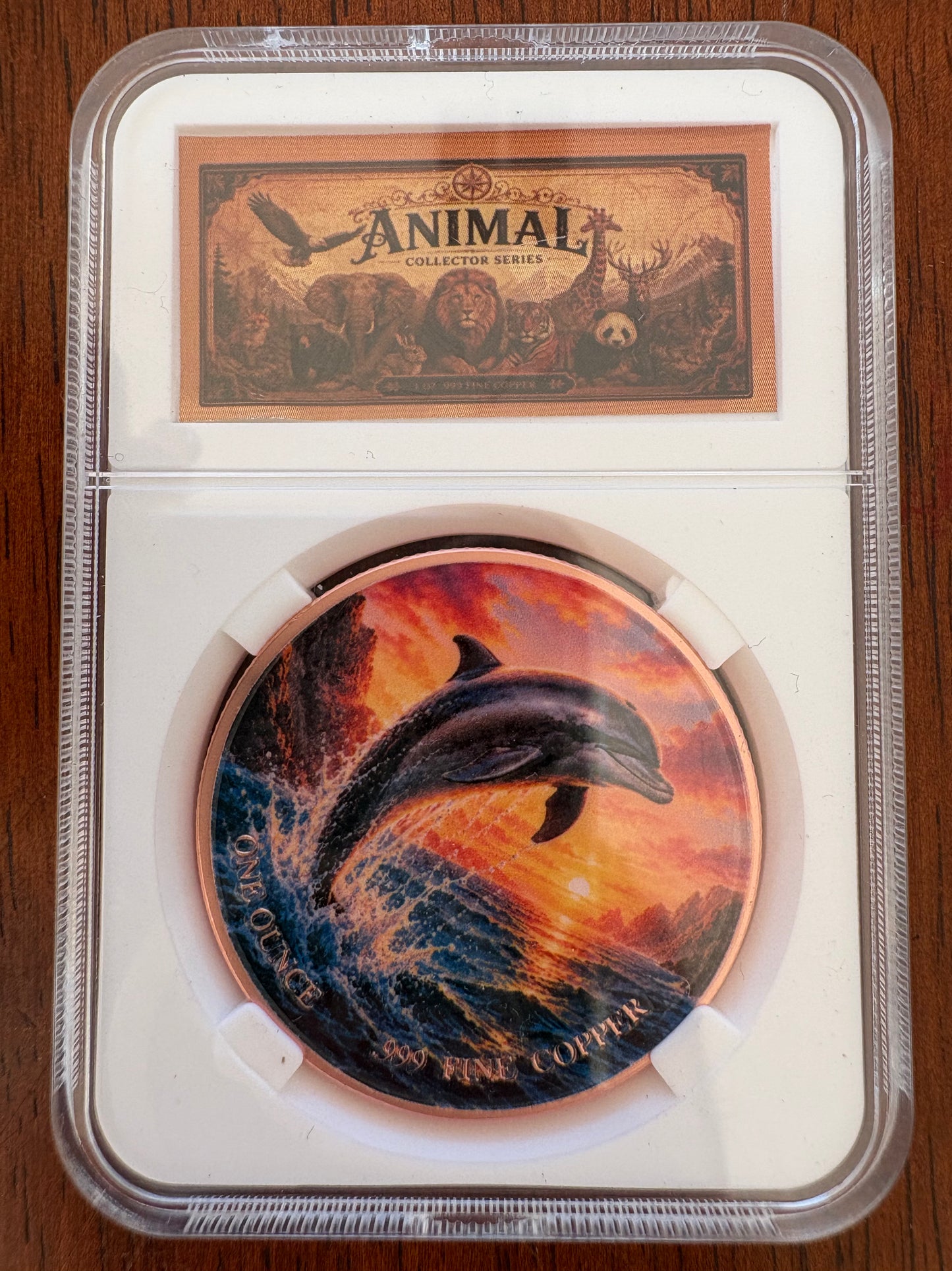 1oz .999 Fine Copper Dolphin Coloured Round – Animal Collector Series – Slabbed