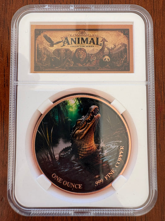 1oz .999 Fine Copper Crocodile Coloured Round – Animal Collector Series – Slabbed